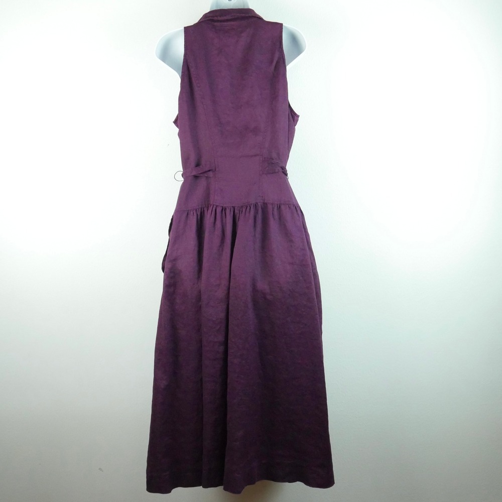 Vintage Linen Maxi Dress 14 Purple Sleeveless Button Front Tie Waist Minimal 90s - Picture 7 of 10